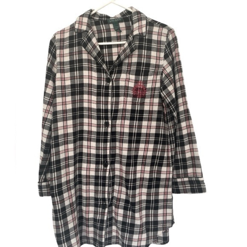 Lauren Ralph Lauren Black White and Red Plaid Button-Up Nightshirt